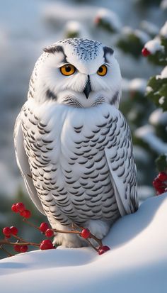 an owl sitting on top of a snow covered tree branch with berries around its neck