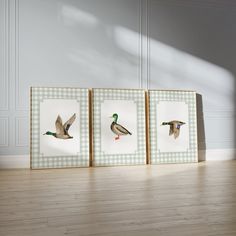 three framed pictures with ducks on them sitting in front of a white wall and wooden floor