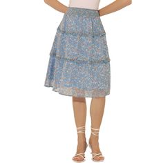 Inspired by a romantic style, this skirt will lend some feminine style to your look. Made of lightweight chiffon, a tiered ruffle hem, midi length, and floral printed patterns overall, it completes a vintage silhouette. This sweet floral skirt is designed with a floaty tiered ruffle hem and a smocked waist. Pair it with flats or heels for a pretty and sweet style. Ruffle Fabric, Tiered Ruffle Skirt, Womens Maxi Skirts, Vintage Silhouette, Floral Midi Skirt, Slip Skirt, Denim Maxi Skirt, Sweet Floral, Women's Skirts