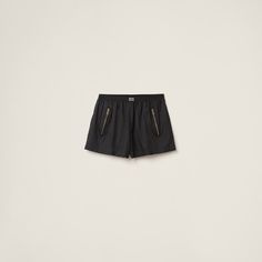 Shorts Unlined Elasticized waistband Zipper pockets Stitched hem Printed logo Miu Miu Pants, Embroidered Denim Shorts, Check Pants, Silk Shorts, Embroidered Denim, Print Logo, Black Shorts, Chambray, Printed Shorts