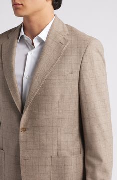 An exceptionally soft blend of wool and cashmere woven in a pale, neutral plaid distinguishes a suit that's styled for wardrobe-staple versatility with traditional notched lapels and flat-front trousers. Jacket has notched lapels; four-button cuffs; chest pocket; patch pockets; side vents Trousers have zip fly; flat friont; slant pockets; back button-welt pockets Jacket is partially lined, with taped seams Trousers are unhemmed 90% wool, 10% cashmere Dry clean Made in Canada Tailored Beige Tweed Jacket For Business, Beige Wool Sport Coat For Business Casual, Beige Wool Sport Coat For Business, Classic Beige Suit With Concealed Placket, Classic Beige Suits With Concealed Placket, Timeless Tailored Beige Sport Coat, Timeless Tweed Jacket For Business Casual, Elegant Beige Sport Coat For Business, Elegant Beige Business Sport Coat