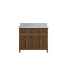 an image of a bathroom vanity with marble top and wooden cabinetry on white background