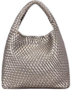 Chic Silver Shoulder Bucket Bag, Chic Silver Hobo Tote Bag, Chic Silver Tote Hobo Bag, Chic Silver Tote Shoulder Bag, Elegant Bucket Satchel With Braided Handles, Bucket Evening Bag With Handles, Elegant Rectangular Hobo Bag With Braided Handles, Chic Silver Rectangular Hobo Bag, Elegant Bucket Hobo Bag With Braided Handles