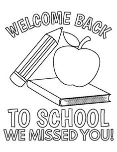 a welcome back to school coloring page with an apple and book