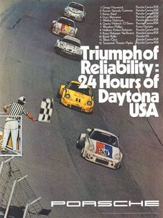 an advertisement for porsche racing cars on the track