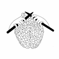 a black and white drawing of a brain with scissors in it's hands on a white background