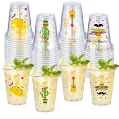 there are many cups that have different designs on them, and each has a cactus in it