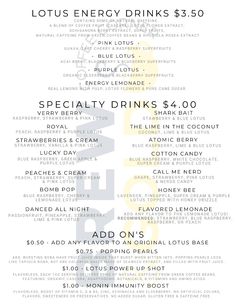 the menu for lotus energy drinks $ 3 50