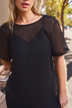 Our Black Mesh Short Sleeve Mini Dress is designed to make a statement! Crafted with a bold mesh fabric, it's perfect for those who dare to stand out. Product code: CAA05A4D062AA Features:  Woven Round neckline Short sleeves Mini Wash Method: Regular Wash Material: 100%POLYESTER. Affordable Swimwear, Mesh Short, Make Memories, Mesh Shorts, Short Sleeve Mini Dress, Mini Dress With Sleeves, Black Mesh, Mini Black Dress, Mesh Fabric