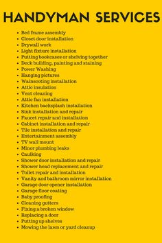 the handyman services list is yellow and black