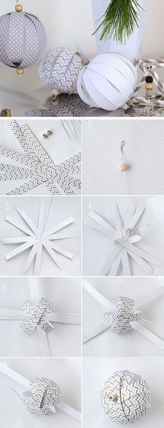 the instructions for how to make an ornament out of fabric and paper balls