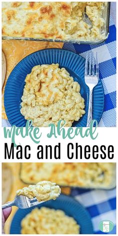 macaroni and cheese is being served on a blue plate