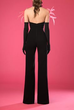 Description Black Jumpsuit, Long dress Fitted, Long Sleeves Halter neck Open neckline Crepe, Feather Dry Clean Evening Dress Made in Lebanon 600-5-3 Jumpsuit With Gloves, Jean Louis Sabaji, Jumpsuit Long, Crepe Jumpsuit, Opera Gloves, Halter Jumpsuit, Pink Jumpsuit, Dress Fitted, Embellished Jeans