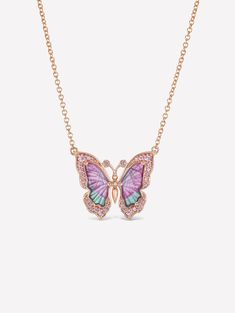 Argyle Pink™ Diamond and Bi Color Tourmaline Butterfly Necklace by J FINE with 1.11ct Bi Color Tourmaline and 0.18ct Argyle Pink™ 8P/9P/PC1 Diamonds. 18K Pink Gold on 18" Chain. Natural gemstones may display visible inclusions, or nature's fingerprints, which makes each one unique. Necklace not pictured in model shot. Rare Diamond, Band Bracelet, Unique Necklace, Sewing Box, Fine Jewelry Collection, Butterfly Necklace, Diamond Bands, Pink Aesthetic, Halo Diamond