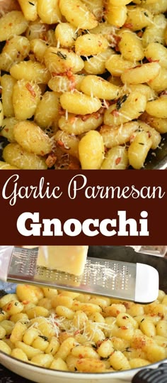 garlic parmesan gnocchini in a pan with cheese on top