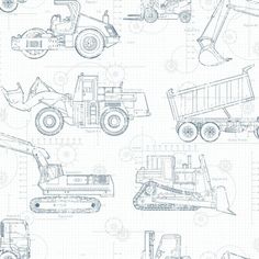 a drawing of different types of trucks and construction equipment on a white background with black lines