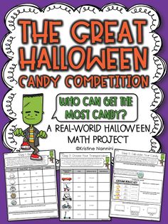 the great halloween candy competition with text and pictures on purple background that says, who can get the most candy?