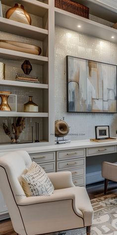 a living room filled with furniture and lots of shelves