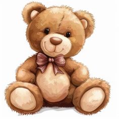 a brown teddy bear with a bow on its neck sitting in front of a white background