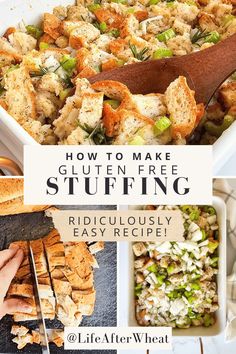 a collage of pictures showing how to make gluten free stuffing