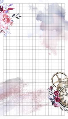 an image of a clock and flowers on a grid paper background with space for text