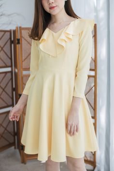 "*DHL shipping upgrade is available at check out process. Shipping part by DHL will take 3-6 days only. Production time may take around 2-3 weeks. If this is in rush you can convo us to make it sooner.:) A beautiful polite sweet shade of pale yellow dress to love. A new romantic design dress or gown for special event of you. The dress is feminine, sweet and modest look. Perfect for special party. Also custom length for this dress is available please convo. DESIGN✄: -V neckline with ruffle to bac Yellow Knee-length Dress With Ruffle Hem, Yellow A-line Midi Dress With Ruffles, Elegant Yellow Dress With Ruffle Hem, Elegant Yellow Mini Dress With Ruffle Hem, Yellow A-line Mini Dress With Ruffles, Yellow Long Sleeve Ruffled Dress, Elegant Yellow Midi Dress With Ruffle Hem, V-neck Yellow Dress With Ruffle Hem, Formal Yellow Ruffled Dress