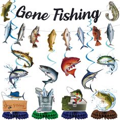 an image of gone fishing poster with fish on clothes line and water splashing around it