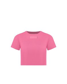 Ribbed Crew Neck Crop Top Pink Cropped T-shirt For Spring, Trendy Pink Cropped T-shirt For Spring, Ribbed Crew Neck Cropped T-shirt For Spring, Fitted Pink Tops With Ribbed Neckline, Ribbed Stretch Crew Neck Crop Top, Pink Crew Neck Crop Top, Trendy Pink Fitted Crop Top, Solid Ribbed Stretch Cropped T-shirt, Solid Stretch Ribbed Cropped T-shirt