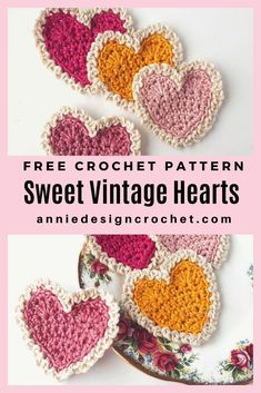 crocheted heart coasters with text overlay that says free crochet pattern sweet vintage hearts