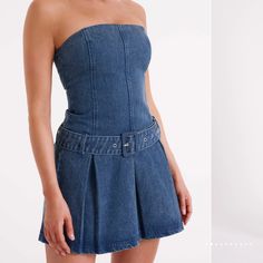 Nwt Xs Blue Jean Dresses, Blue Jean Dress, Strapless Neckline, Lee Denim, Pleated Skirts, Pleated Mini Dress, Denim Mini Dress, Raw Denim, Strapless Mini Dress