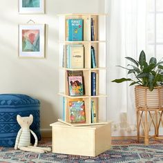 a bookshelf in the corner of a living room