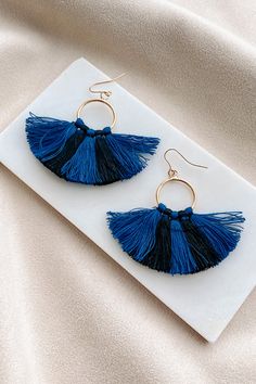 Royal Flush Hoop Earrings (Blue) - NanaMacs Cheap Handmade Blue Tassel Earrings, Handmade Blue Tassel Earrings For Party, Blue Tassel Earrings For Festivals, Blue Summer Tassel Dangle Earrings, Blue Bohemian Tassel Earrings, Yarn Jewelry, Leather Jewels, Royal Flush, Flying Monkey