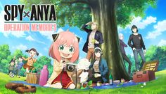 an anime poster with people standing around and sitting under a tree in front of them