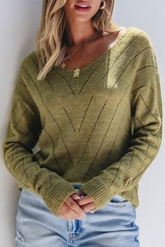 Elevate your style with our chic Solid Eyelet Drop Shoulder V Neck Sweater. This versatile sweater features a V-neck design for an elegant touch, and eyelet detailing for a feminine touch. Perfect for any setting, with drop shoulders for a relaxed fit. Ideal for a professional, yet stylish look.Sweaters & Cardigans > Sweaters Material: 60% Acrylic+40% Polyamide Pattern: solid Neckline: V Neck Sleeve Length: Long Sleeve Style: casual,Vacation Occasion: beach,Daily Silhouette: Shift Color: Sage Gr Versatile Sweater, Sweater Material, Sweaters Online, V Neck Sweater, Shoulder Sleeve, Sweater Shop, Neck Designs, Vneck Sweater, Sage Green