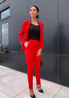 Color Red Double breasted blazer & pants suit set Peaked lapels Long sleeves Fitted waist Side flap pockets Gold-tone embossed buttons Stylish Women Fashion, Red Suit, Pants Suit, Casual Work Outfits, Breasted Blazer, Suit Pants, Double Breasted Blazer, Casual Work, Professional Outfits