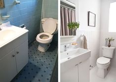 two pictures side by side one has a toilet and the other has a sink