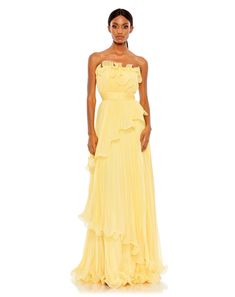 Pleated Tiered Ruffled Strapless Gown – Mac Duggal Ruffle Formal Dress, Ruffled Dresses, Ethereal Gown, Mac Duggal Prom, Black Tie Wedding Guest Dress, Edgy Glam, 15 Birthday, Identity Crisis, Yellow Bridesmaid Dresses