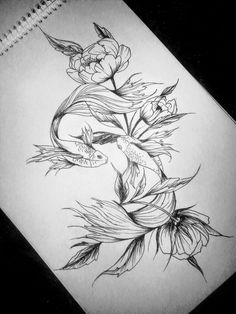 a pencil drawing of flowers on paper with watermarked leaves and fish in the middle