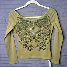 Women Long Sleeve Vintage Pullover Crop Top Y2k Rhinestone Grunge Fairy-Core Tee Heart & Wings, Green (L)