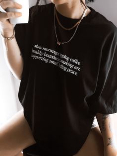 These tees are printed on super soft Comfort Colors, providing a relaxed unisex fit with a worn-in look and feel. This collection offers our most expanded size range from S-3X.Looking for these tees to fit oversized? Size up 1-2 sizes.Model has sized up to an XL for an oversized fit.• 100% ring-spun cotton• Garment-dyed• Relaxed fitThis product is made especially for you as soon as you place an order, please see the banner on the top of our site for current turnaround times. Making products on d Oversize T Shirt, Slogan Tee, Saturday Morning, Oversized Tee, Comfy Tees, Oversized Tshirt, Oversized Fits, Black Tee, Vintage Looks