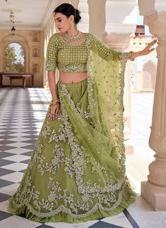 Green Designer Indian Wedding Lehenga Choli Net Lehenga Designs, Pakistani Wedding Lehenga, Choli Style, Bride Lehenga, A Line Lehenga, Embroidered Bridal Lehenga, Green Lehenga Choli, Bridal Lehenga Online, Mehndi Party