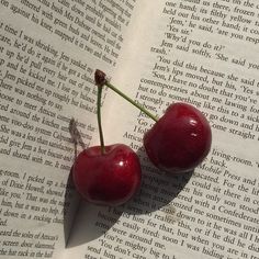 two cherries sitting on top of an open book