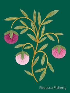 a pink flower with green leaves on a dark green background in the style of embroidery