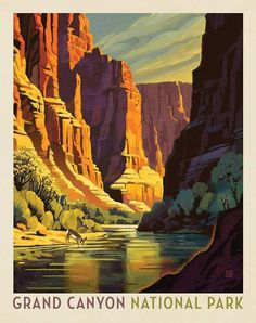 the grand canyon national park poster is displayed in front of a river and mountain range