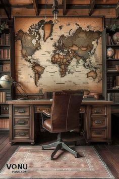 an office with a large map on the wall and leather chair in front of it