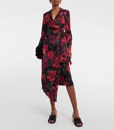 Floral Wrap Midi Dress in Multicoloured - Dries Van Noten | Mytheresa Silk Floral Print Draped Dress, Knee-length Viscose Midi Dress With Floral Print, Evening Floral Print Midi Dress, Silk Midi Dress With Floral Print, Printed Viscose Midi Dress, Floral Print Midi Dress With Surplice Neckline For Evening, Formal Floral Print Midi Dress, Floral Print Maxi Wrap Dress For Party, Floral Print Wrap Dress For Spring Evening