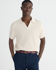 J.Crew: Short-sleeve Cotton Mesh-stitch Johnny-collar Sweater-polo For Men Sweater Polos, Mesh Stitch, Hair Wrap Scarf, Sweater Polo, Johnny Collar, J Crew Men, Mens Chinos, Polo Sweater, Men Fashion Casual Outfits