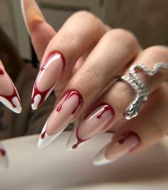 #blood #nails #nailsart #nailsofinstagram #fyp Knife Nails Design, Red Ombre Halloween Nails, Long Almond Acrylic Nails Halloween, Black And Red Nails With Cross, Alternative Valentine Nails, Cute Nails For Concerts, Halloween Movie Nail Designs, Spooky Halloween Nails Stiletto, Gel X Nail Designs Halloween