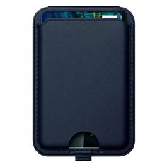 an iphone case with a card holder attached to the front and back sides, in dark blue leather