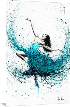 a woman is floating in the air with blue paint splattered on her body